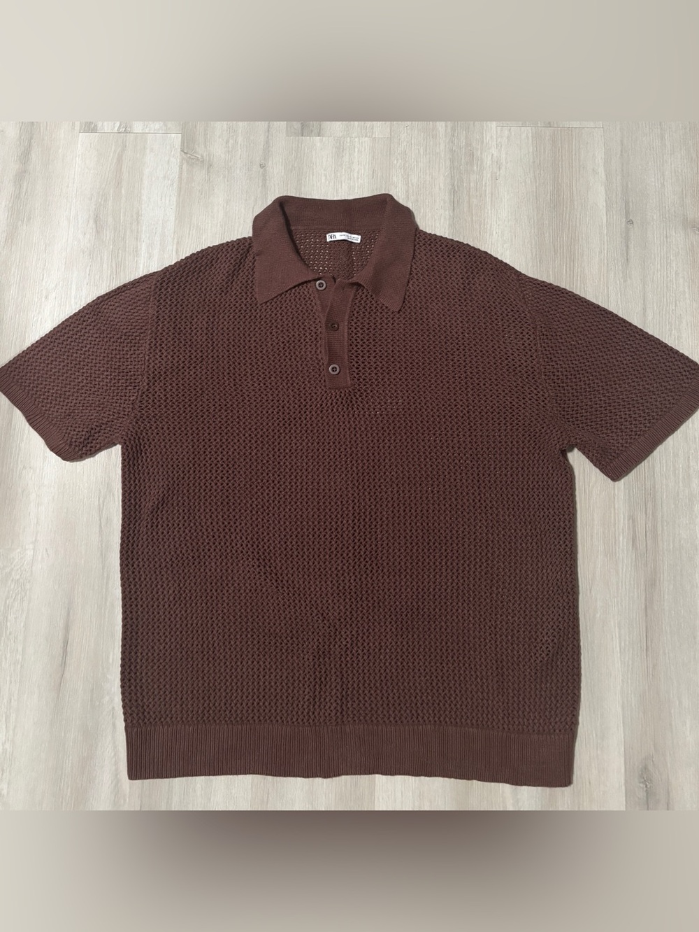 Zara Brown Waffle Knit Short Sleeve Polo Mens XL